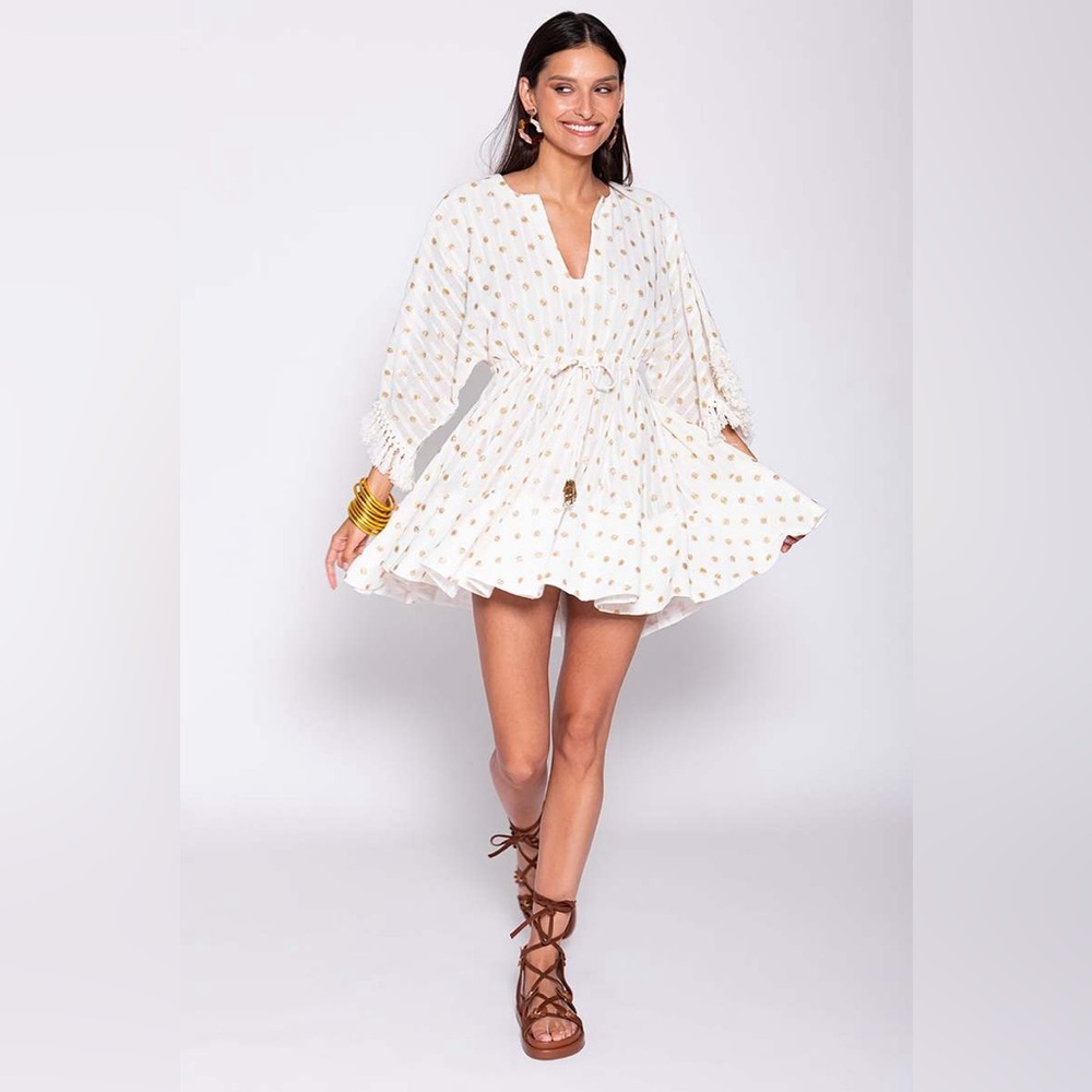 White Mini Dress with Gold Dot Print and Tie Waist